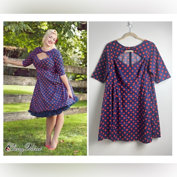 Cherry Velvet Plus Blue.Red Polka Dot Retro Rockabilly 100% Cotton Dress Size 2X - Picture 1 of 13